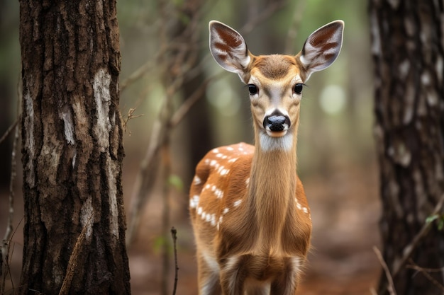 Dama Dama Red Deer mirando a la lente entre dos árboles en el bosque ai generativo