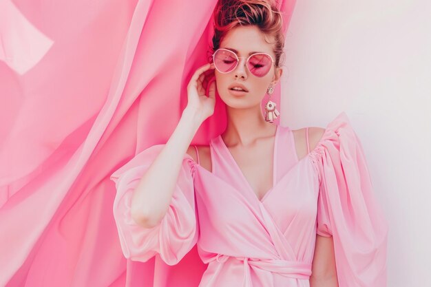 Foto una dama elegante con un conjunto rosado.