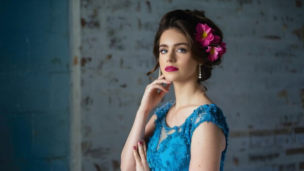 Dama encantadora con un elegante vestido azul posando en una pared aislada