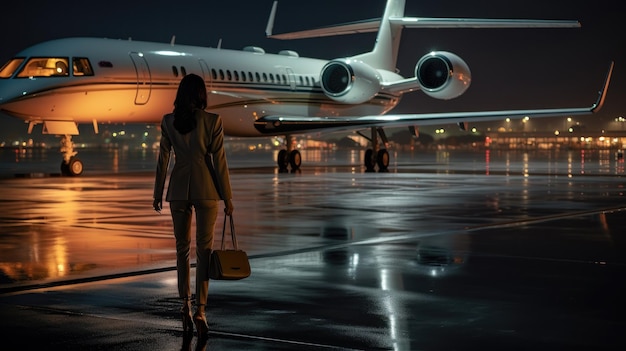 Una dama está caminando hacia un jet privado por la noche.