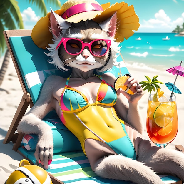 Una dama gato está disfrutando de unas vacaciones relajantes en una playa soleada Ella mira hacia el hermoso océano y