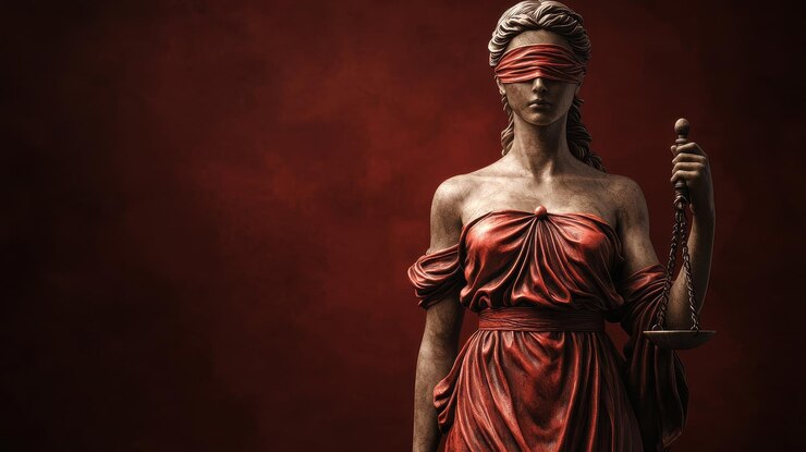 La Dama de la Justicia está erguida con los ojos vendados simbolizando la imparcialidad y la equidad en el sistema legal Su túnica roja y las balanzas transmiten fuerza y equilibrio en la justicia