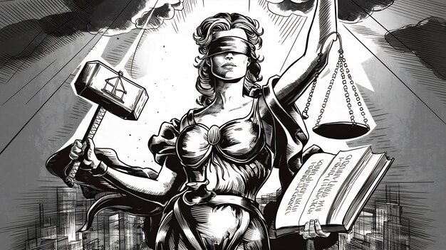 La dama de la justicia con el martillo en el libro