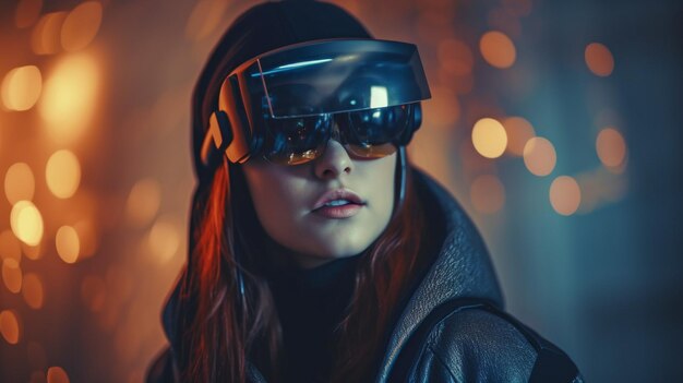 Una dama lleva gafas de realidad virtual IA generativa futura tecnología digital