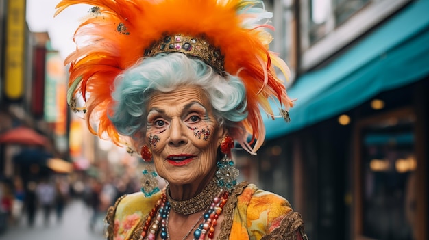 Dama mayor con disfraz de carnaval en la calle durante la celebración del carnaval