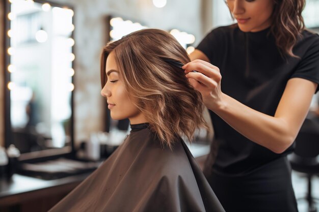 Una dama de moda con el cabello rizado se corta el cabello y se tiñe de un talentoso peluquero