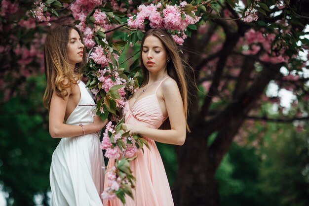 La dama de moda posa cerca de un árbol en flor. Twin Girls Belleza y moda femenina.