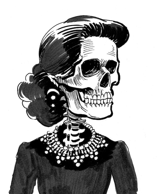 Dama muerta vestida. Dibujo a tinta en blanco y negro