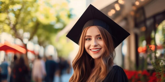 Foto una dama muy feliz con un sombrero de graduación.