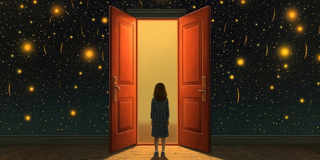 una dama que está de pie frente a una puerta que está abierta