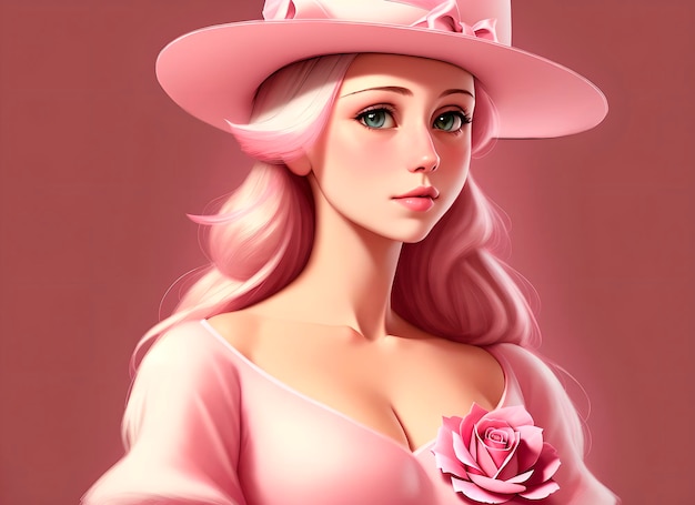 Dama con sombrero Mujer elegante joven con tocado sobre fondo rosa IA generativa