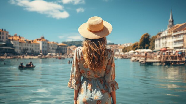 Foto dama con sombrero de paja mirando el mar