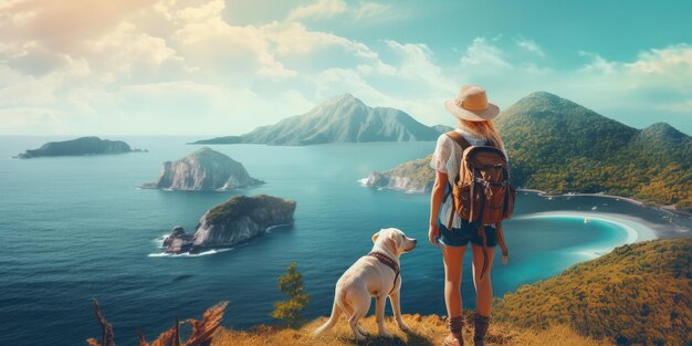 Foto dama turista con el perro generativo ai