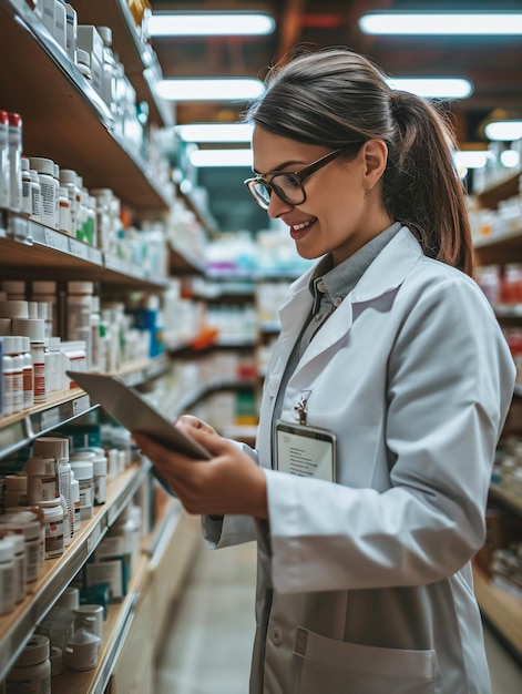 Foto una dama usando una tableta en una farmacia mientras una mujer farmacéutica hace el inventario en una farmacía retrato de un profesional médico alegre en una farmacias