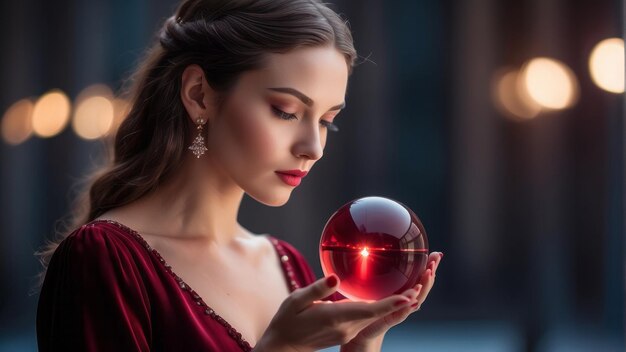 Foto una dama vestida con un vestido rojo oscuro sostiene con gracia una brillante y encantadora bola de cristal.