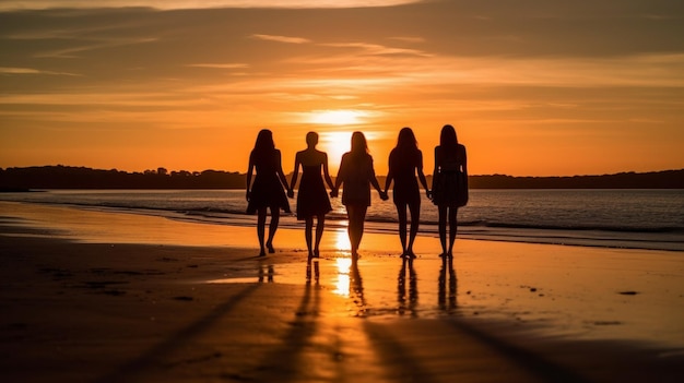 Foto damas caminando por la playa durante la puesta de sol