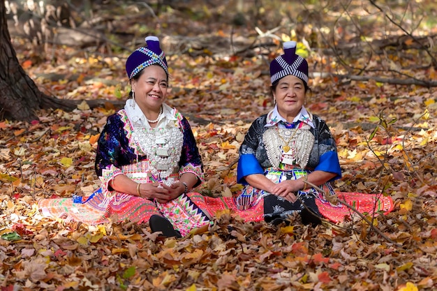 Damas en coloridos trajes de celebración bellamente decorados de Laos