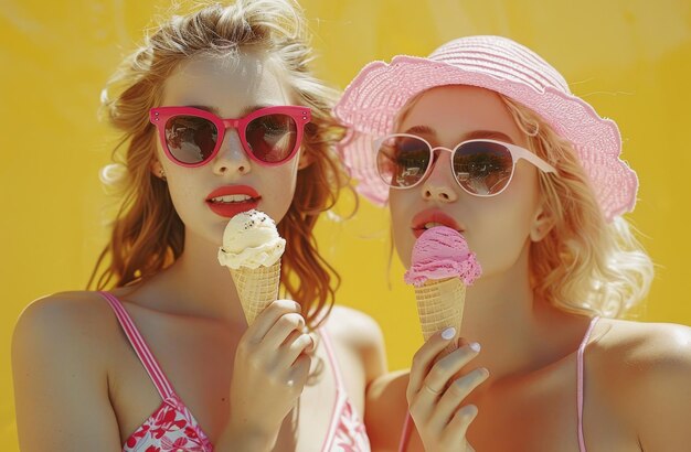 damas comiendo helado y comiendo gafas de sol sobre un fondo amarillo