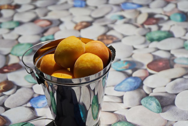 Damascos em um balde decorativo em uma mesa com seixos fotoimpressos