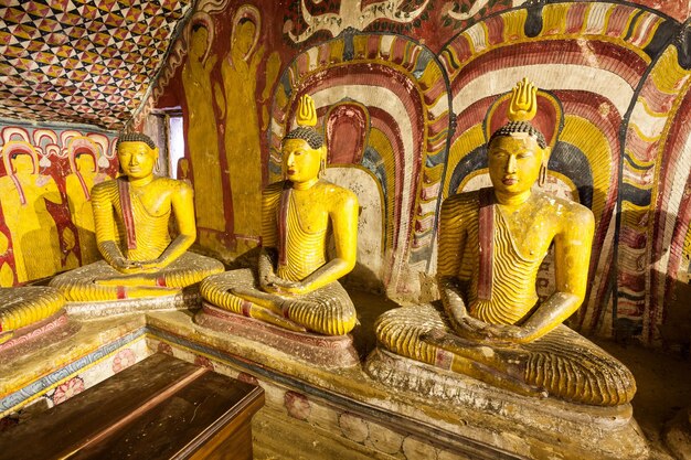 Dambulla, sri lanka - 17 de fevereiro de 2017: estátuas de buda dentro do templo da caverna de dambulla. cave temple é um patrimônio mundial perto da cidade de dambulla, sri lanka.