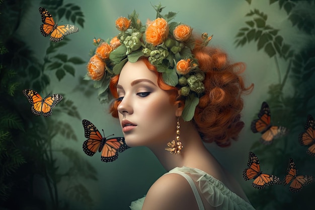 Dame in einem grünen Garten mit Schmetterlingen im Haar im Stil der Bioart mit zarten Blumen und hellorange und grünen Tönen Generative KI
