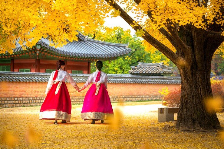 Damen im Hanbok-Kleid gehen Parkpalast