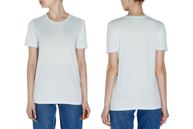 Foto damen-t-shirt auf dem modell auf beiden seiten auf weißem hintergrund isoliert