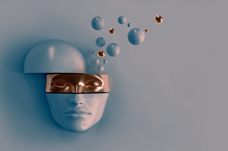 Damen Volumen Gesicht in Stücke geschnitten. Ein Teil des Gesichts repräsentiert die Maske. Vom Kopf der Fliegenbälle. Konzeptkunst surrealer Superheld, Frau im Hijab oder Ninja 3D-Illustration