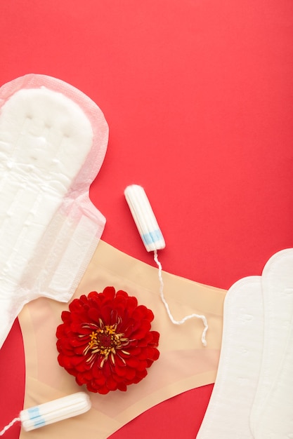 Damenhöschen mit Menstruationspads und Tampons auf rotem Grund. Ansicht von oben. Konzept der kritischen Tage, Menstruation, weibliche Hygiene. Eine Rosenblüte liegt auf einer Menstruationsunterlage.