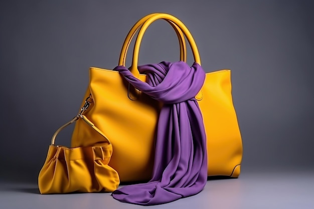 Damentasche und Halstuch Modische Damensachen und Accessoires Stilvolle gelbe Damentasche und lila Krawatten Elegante Damenbekleidung