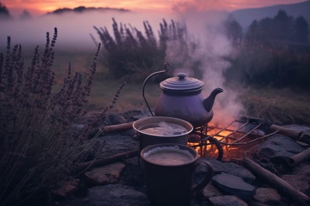 Dampf steigt aus einer Tasse Lavendeltee in der Nähe eines Lagerfeuers auf, erzeugt mit generativer KI