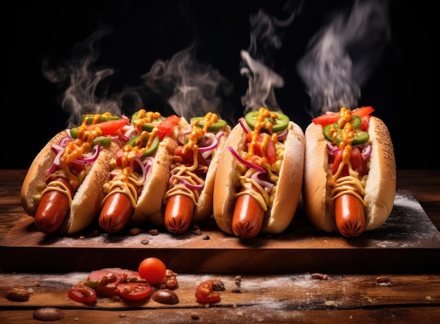 Dampfende Hotdogs mit Toppings auf Holzbrett
