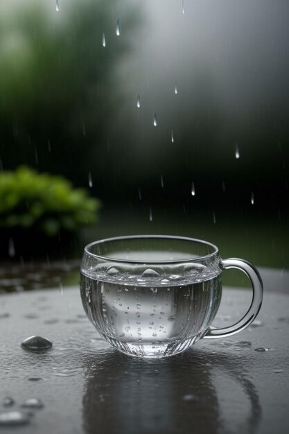 Dampfende Kaffeetasse auf dem Hintergrund eines Regentagesfensters