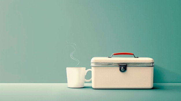 Dampfende Kaffeetasse auf einer Vintage-Metall-Lunchbox Morgenenergie Arbeitspause Erfrischungskonzept