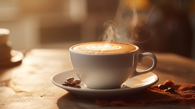 Dampfende Tasse Cappuccino auf dem Tisch, Nahaufnahme von Kaffeebohnen