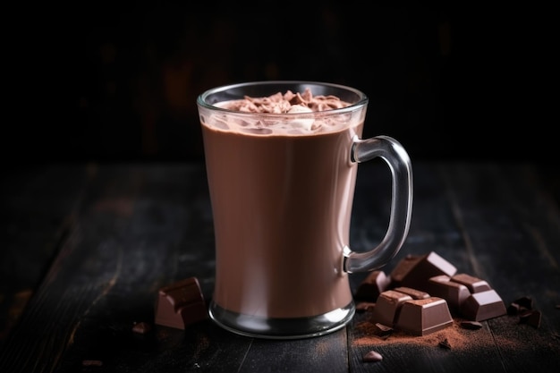 Foto dampfende tasse heiße schokolade vor dunklem hintergrund
