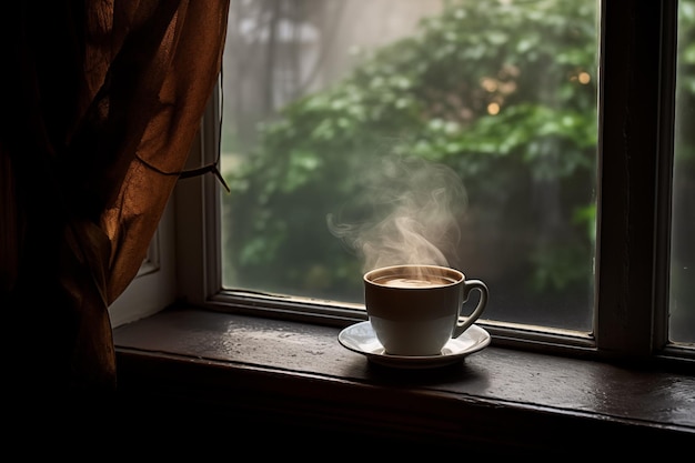 Foto dampfende tasse kaffee auf der fensterbank generative ki