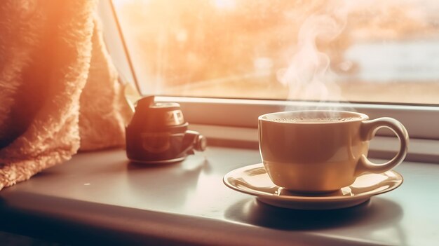 Dampfende Tasse Kaffee in einem Lieferwagen Leben Wohnwagen das langsame Leben Ai Generative