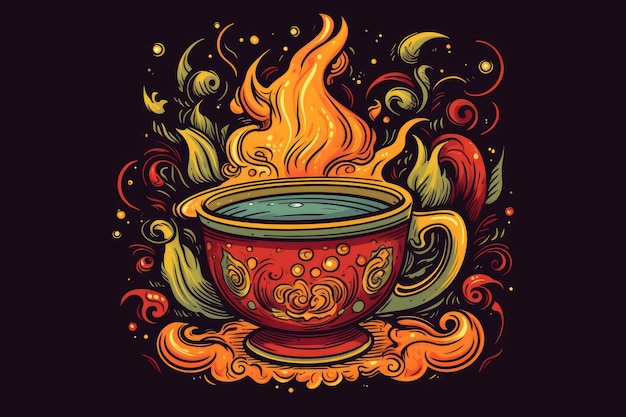 Dampfende Tasse Kaffee mit aufsteigenden Flammen. Generative KI