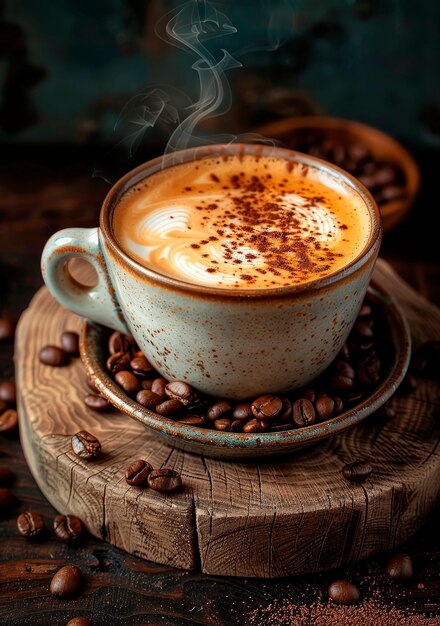 Foto dampfende tasse kaffee mit latte art und kaffeebohnen warm und einladend