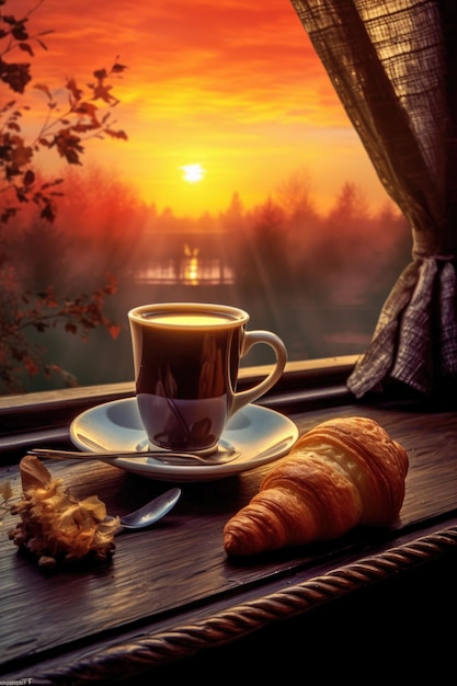 Foto dampfende tasse kaffee und croissant bei sonnenaufgang, erstellt mit generativer ki