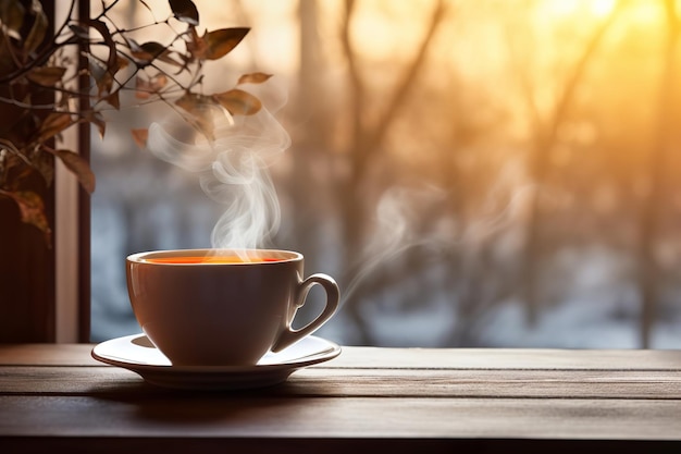 Dampfende Tasse Kräutertee an einem gemütlichen Wintermorgen