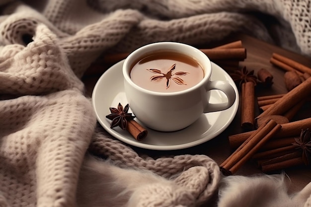 Dampfende Tasse Tee, Kaffee, gestrickte Decke und generative Zimt-Ki