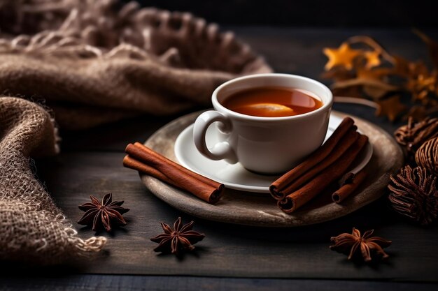 Dampfende Tasse Tee oder Kaffee mit gestrickter Decke und generativer Zimt-KI