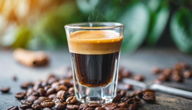 dampfender Espresso in einem kristallklaren Glas, der das reiche Aroma und die einladende Wärme des Fre