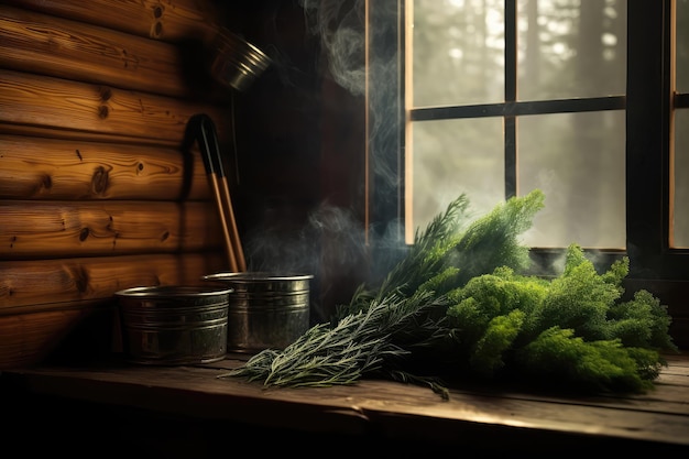 Dampfige Sauna-Sitzung mit aromatischen Juniper-Zweigen