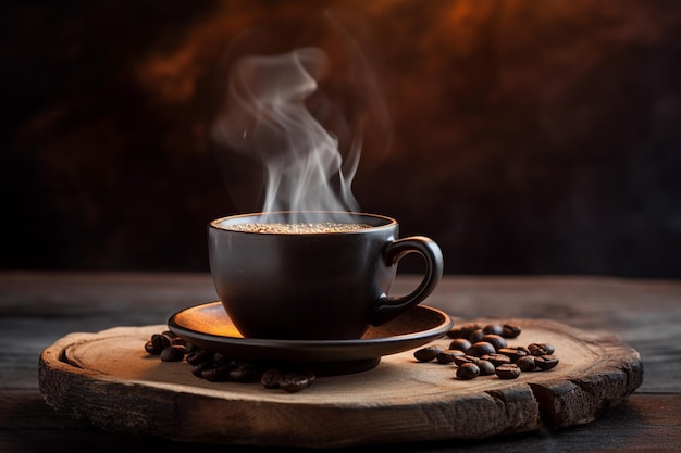Dampfiger schwarzer Kaffee in einem rustikalen Holzbecher