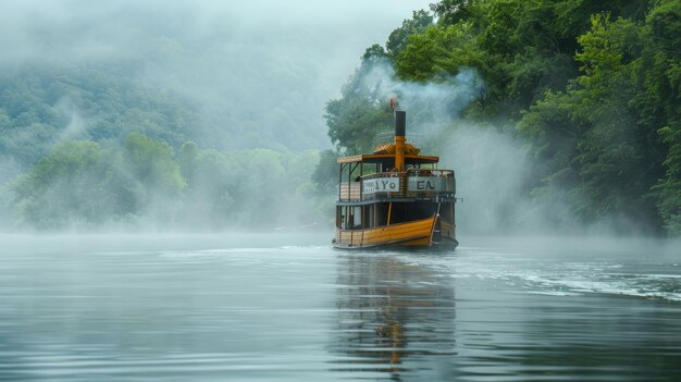 Dampfschiff, das auf einem Gewässer schwimmt