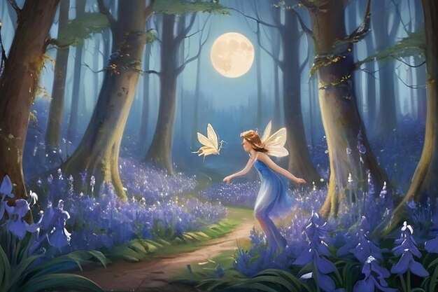 Dança de fadas à luz da lua Escena caprichosa de Bluebell