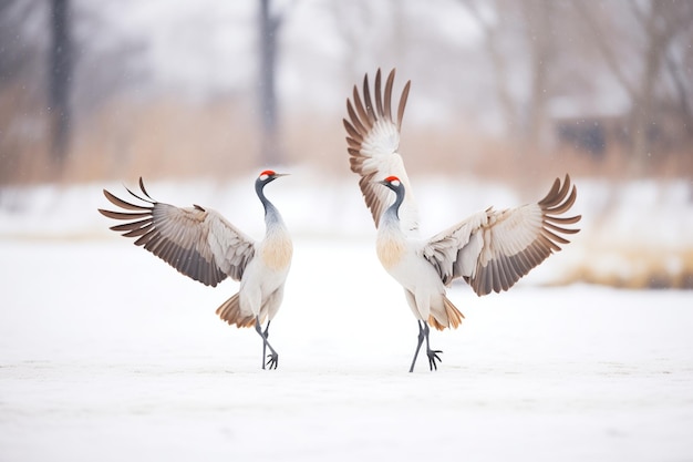 Dança de guindastes contra um fundo coberto de neve